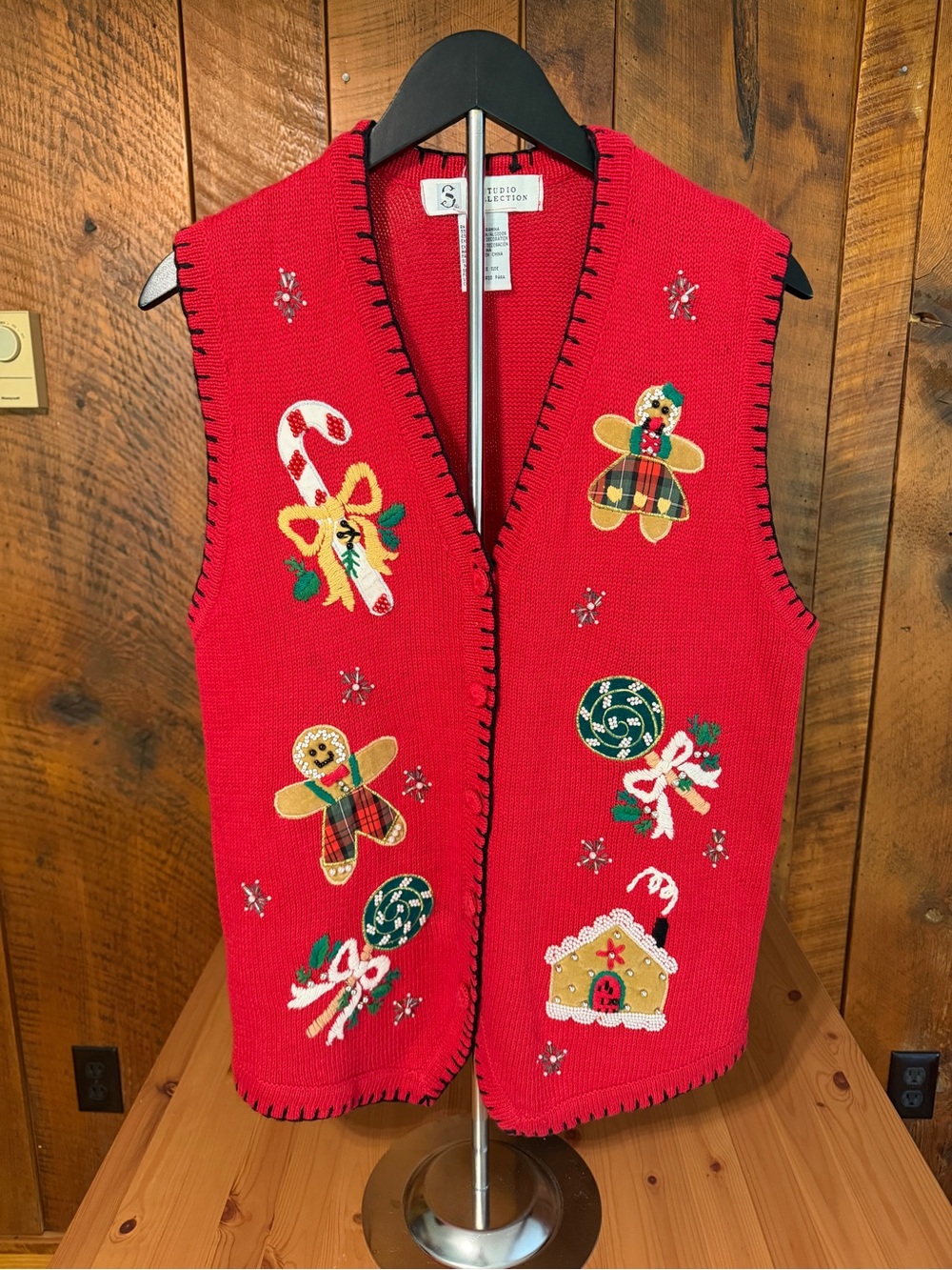Vintage Studio Collection Ugly Christmas Sweater Vest Red Beaded Gingerbread M